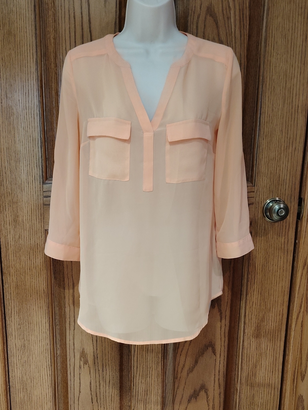 Beautiful Light Peach V-Neck Semi-Sheer Women's Blouse XS